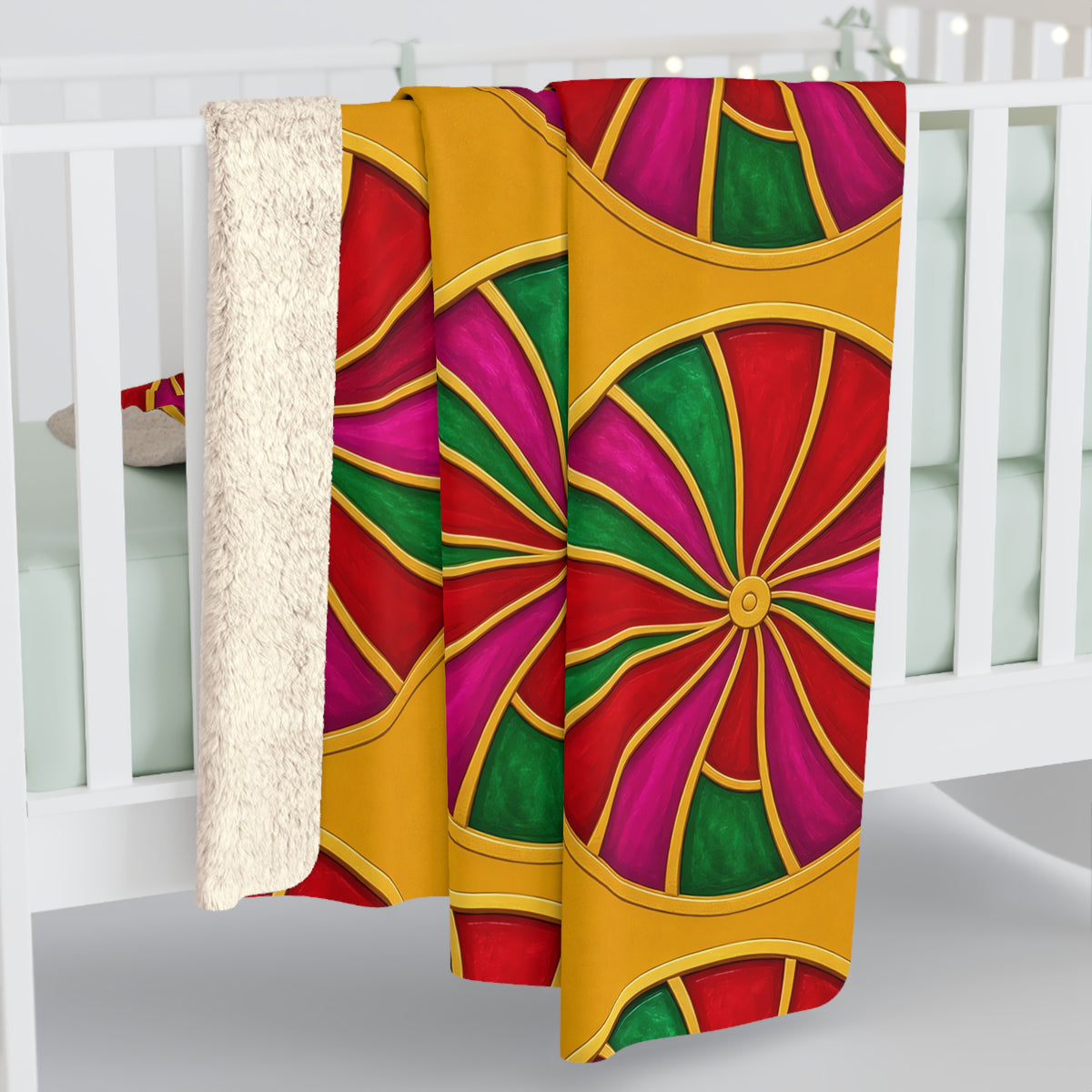 Grand Kaleido Jewel Wheels Sherpa Fleece Blanket – Kaleidoscopic Medallion Pattern