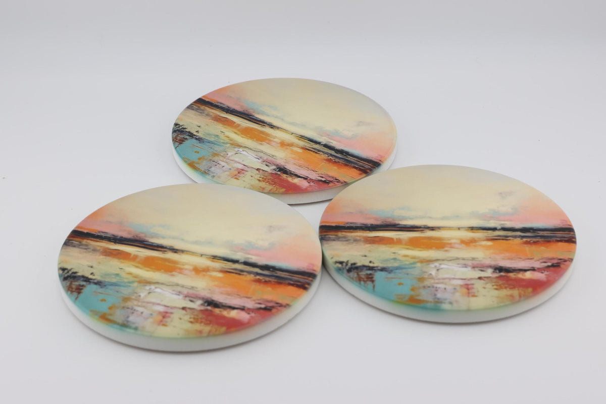 AI24079C Abstract Minimalist Watercolour Landscape - Multi coloured Round Ceramic Coasters- Set of 6,gift for all occasions, Made in Britain