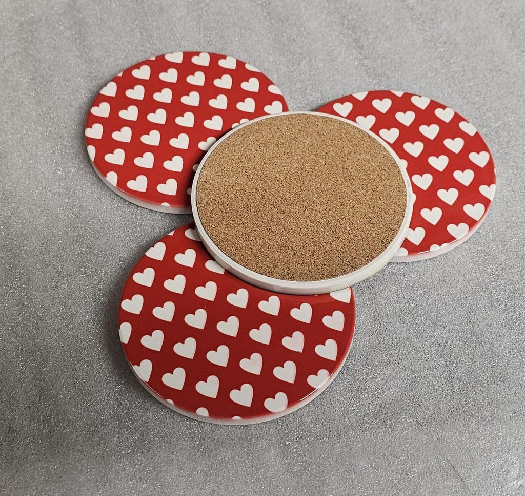 AI24068RWC Where the Heart is , White on Red / Red on White - Round Ceramic Coasters- Set of 6, gift for all , Designed made in Britain