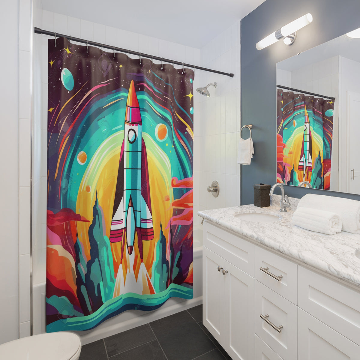 Retro Rocket Launch Shower Curtain – Retro Space Art