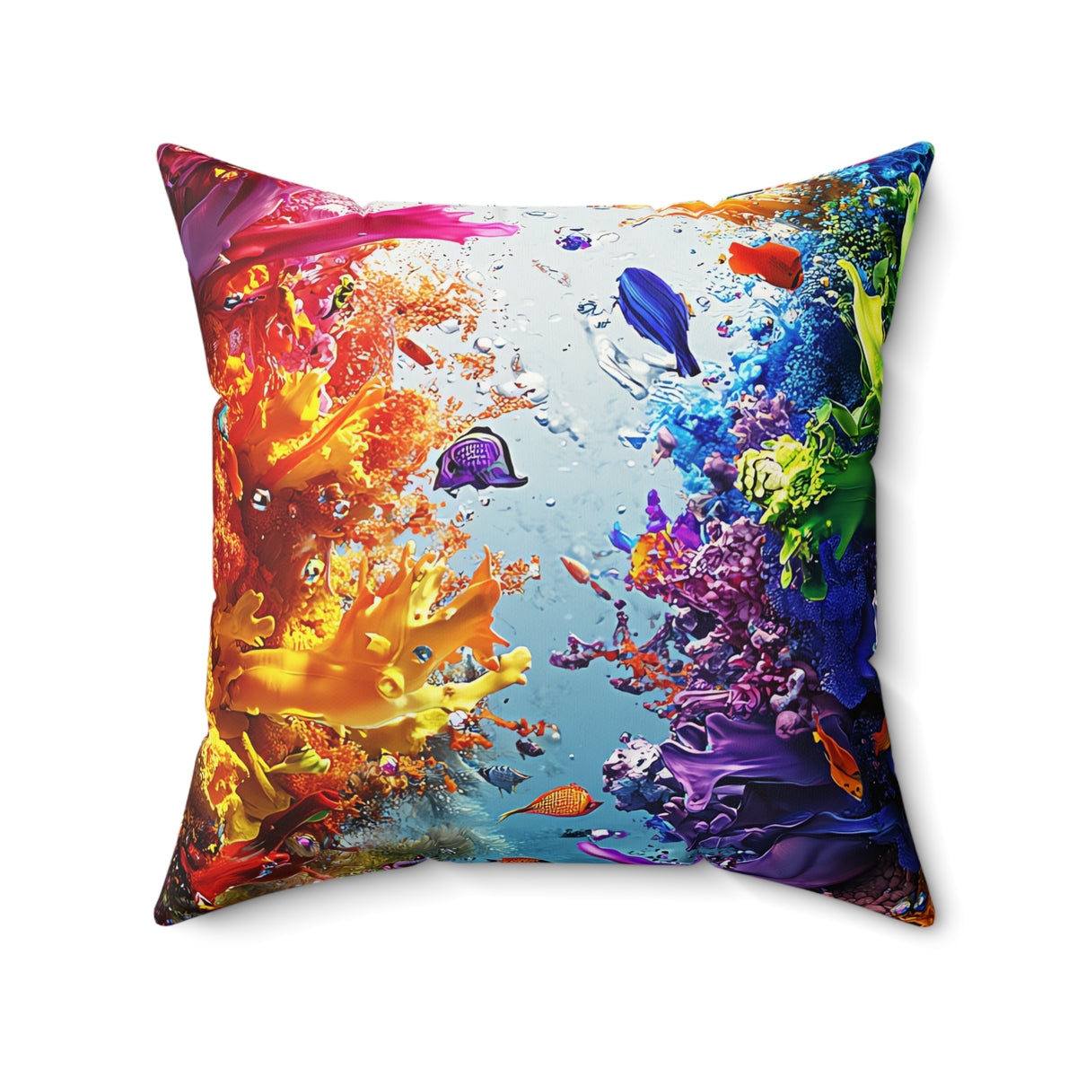 Rainbow Reef Bloom Faux Suede Cushion – Underwater Splash Art