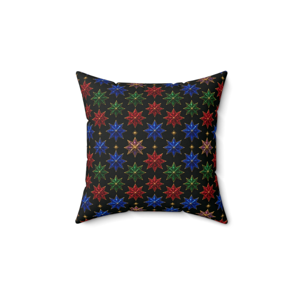 Faceted Crystal Stars Faux Suede Cushion – Holographic-Look Kaleidoscope Pattern