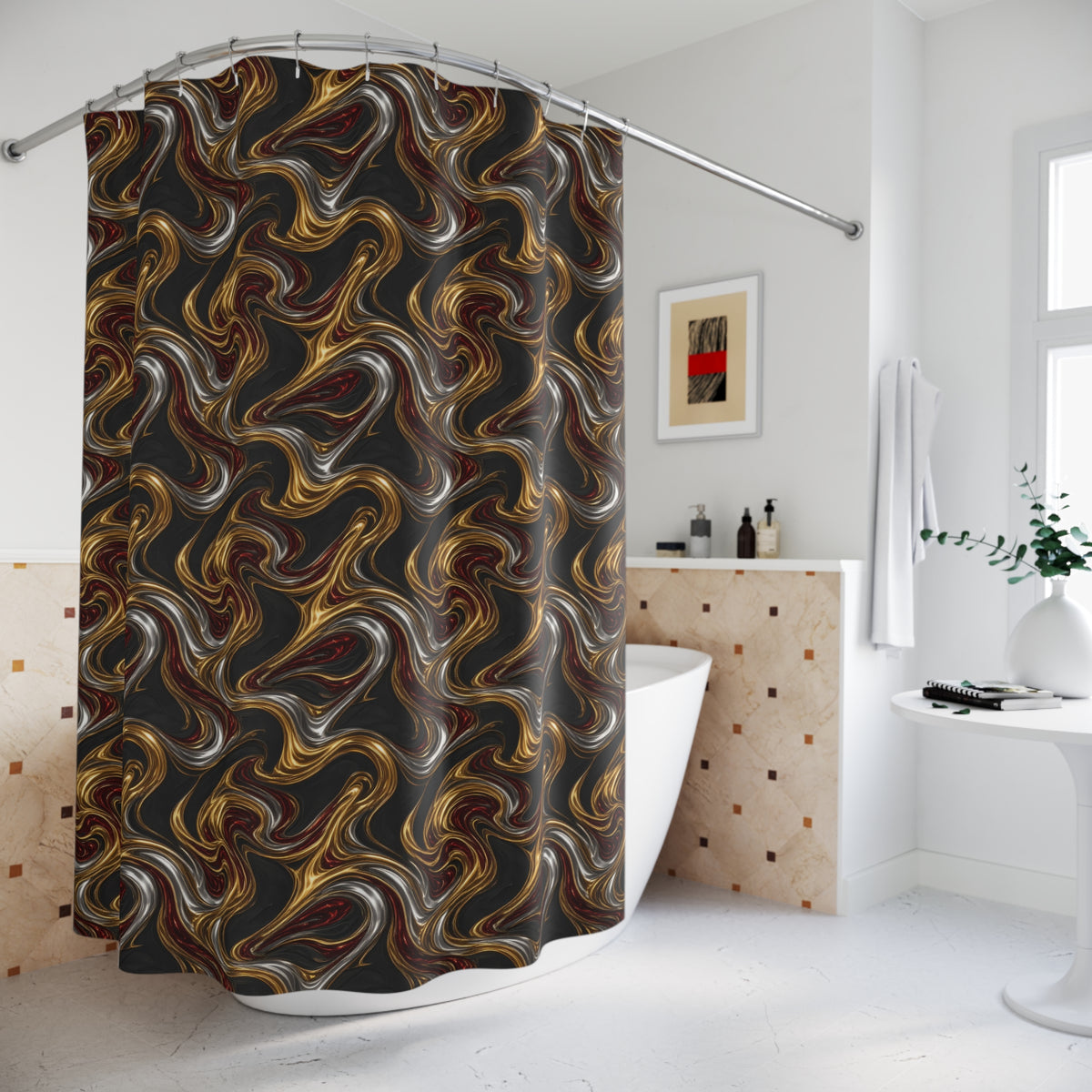 Melting Gold Ribbons Shower Curtain – Liquid Chrome Pattern