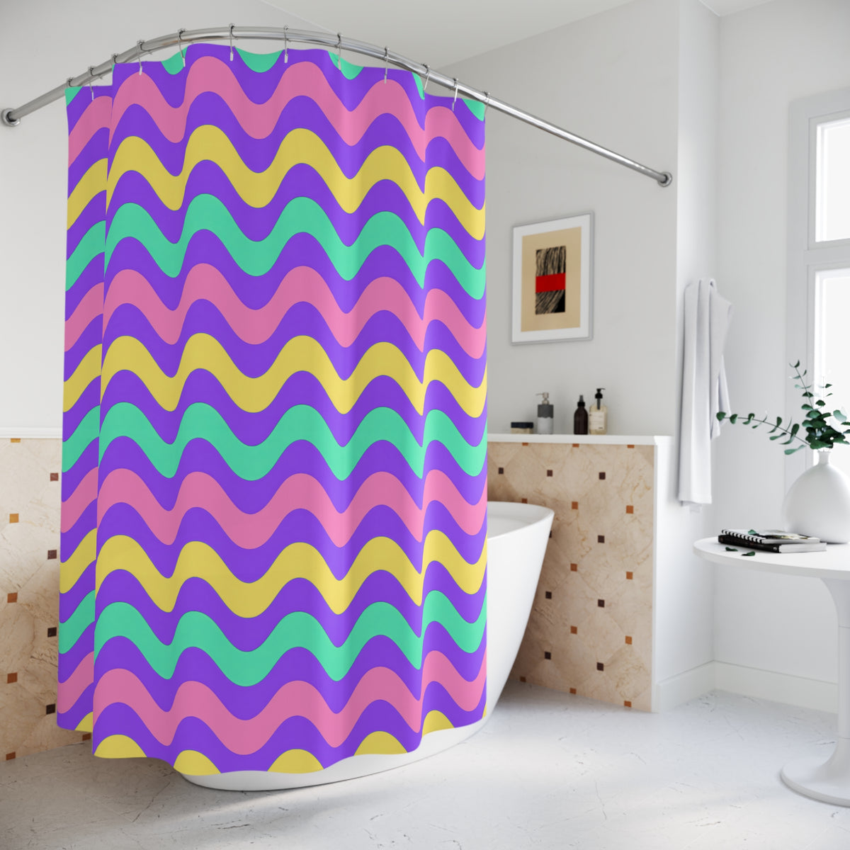 Big Ripple Chevrons Shower Curtain – Candy Pastel on Grape