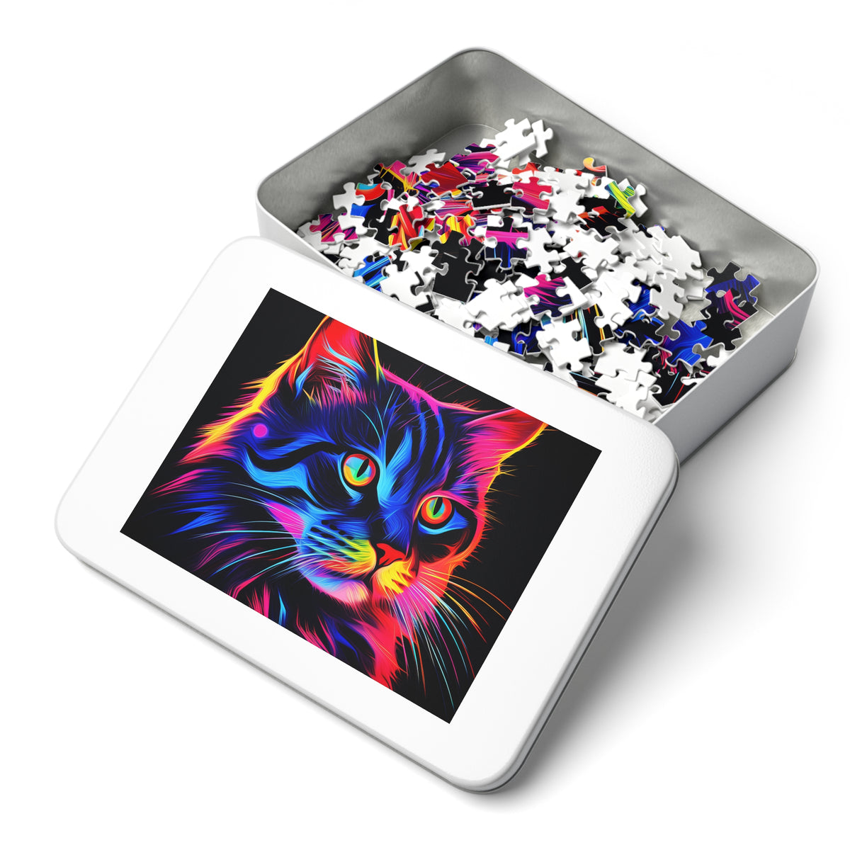 Neon Cat Jigsaw Puzzle with Tin – Neon Pop Art