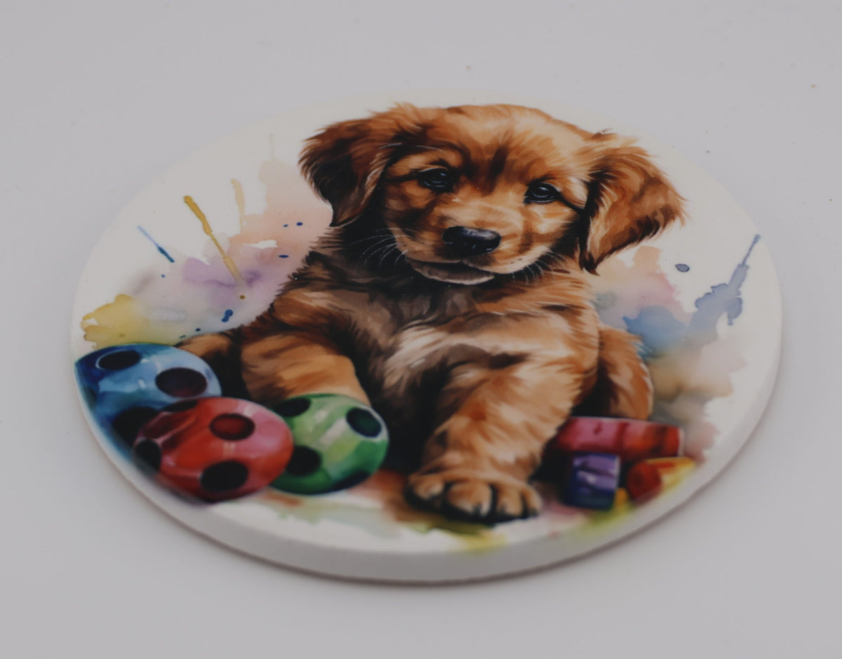 AI24023C Golden Retriever  Puppy Printed Watercolour effect Round Ceramic Coasters-  Set of 6, colourful, gift for all occasions