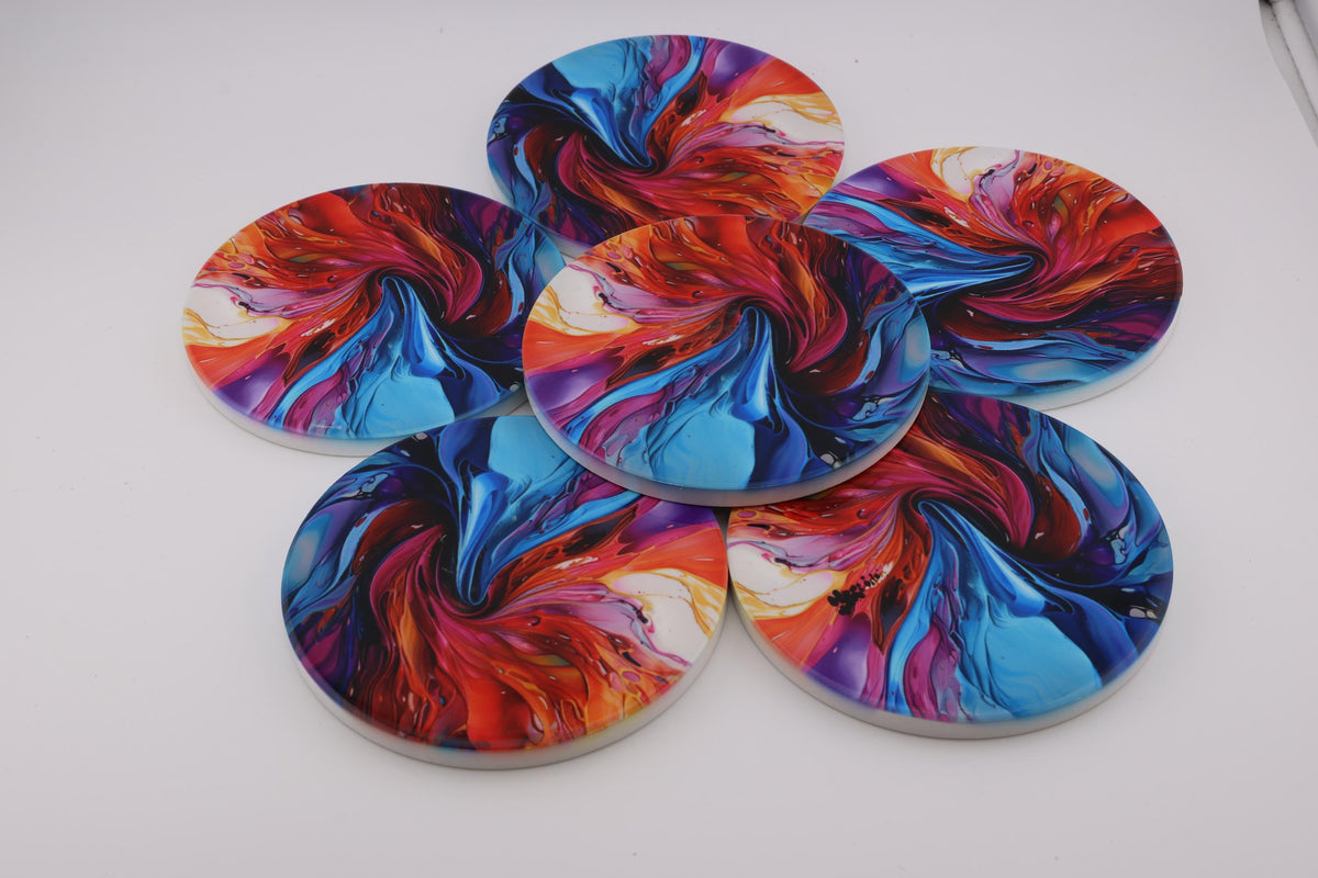 AI24043C Abstract Vortex No7   Multi coloured Round Ceramic Coasters- Set of 6, gift for all occasions, Designed and made in Britain