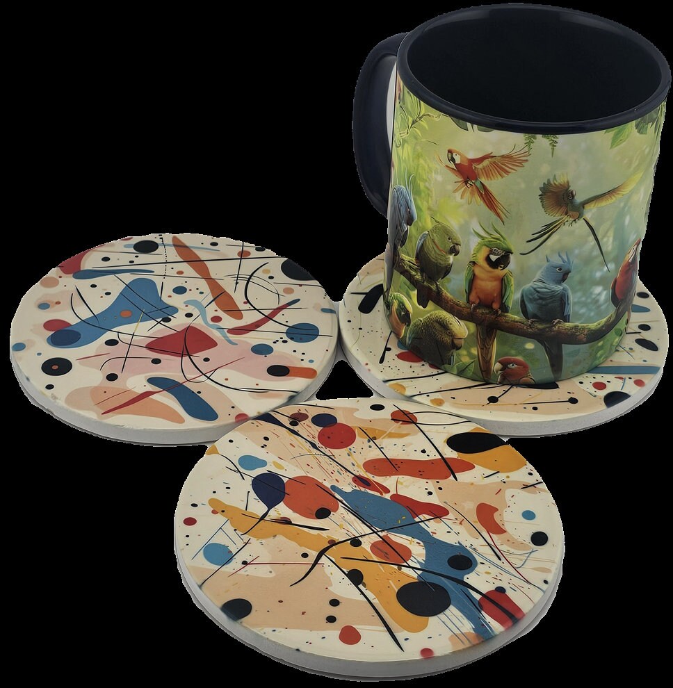 AI24017C Ink Splat Effect Round Ceramic Coasters- Set of 6, colourful, gift for all occasions, six unique designs.