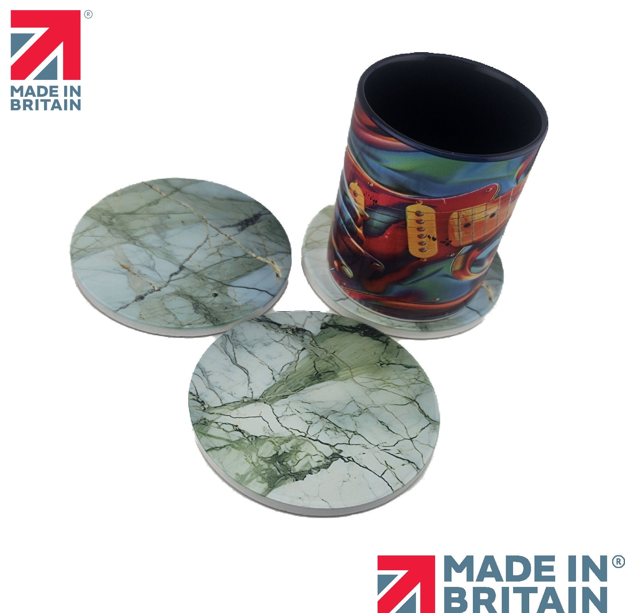 AI24026C Green Marble Effect Round Ceramic Coasters-  Set of 6, colourful, gift for all occasions, six unique designs.