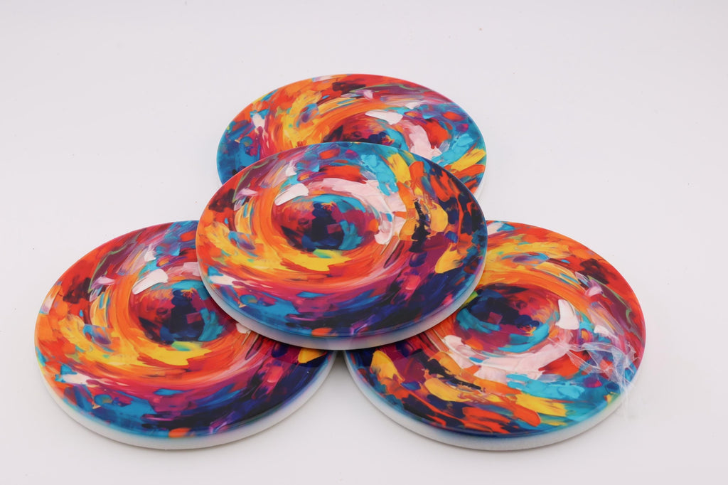 AI24048C Abstract Vortex No9   Multi coloured Round Ceramic Coasters- Set of 6, gift for all occasions, Designed and made in Britain