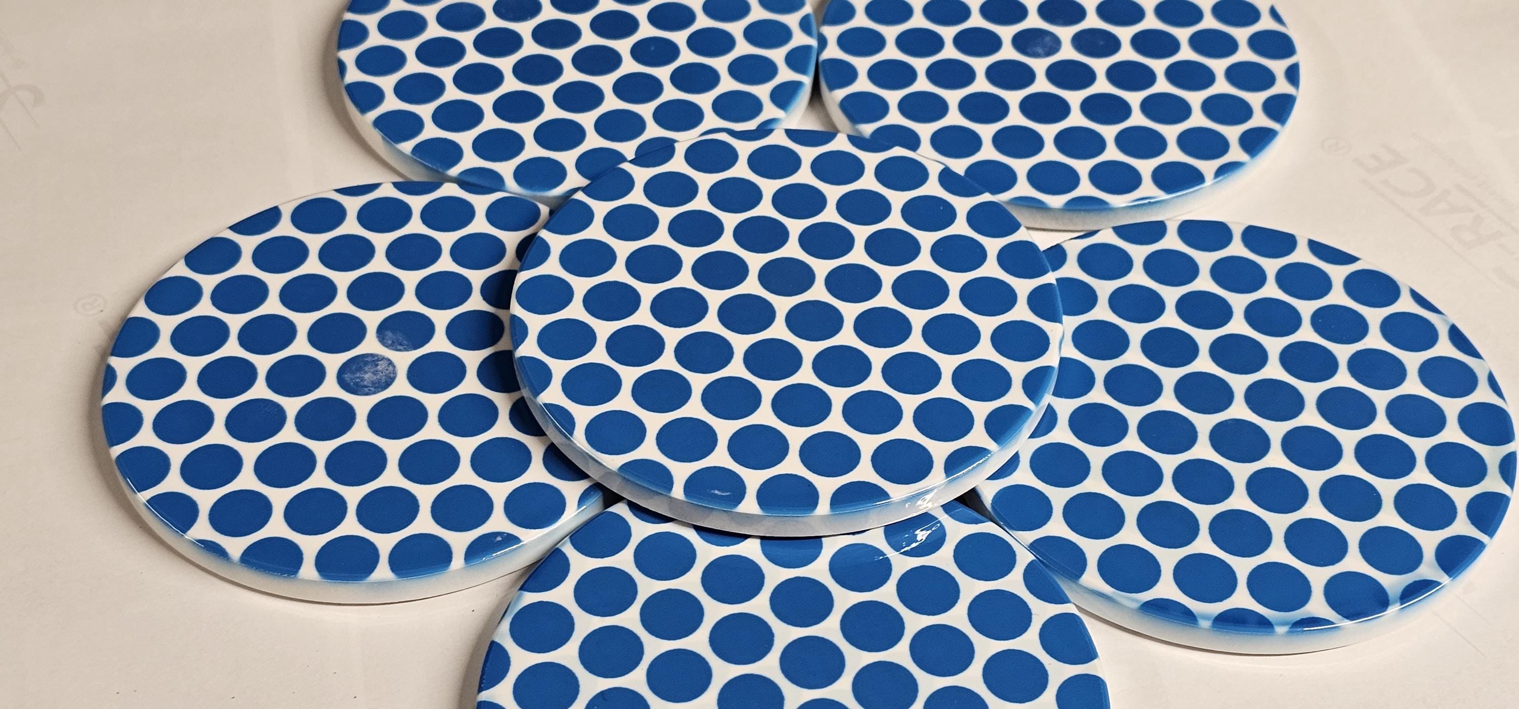 AI24067C Blue Circles / Spots Contemporary Pattern -  Round Ceramic Coasters- Set of 6, gift for all occasions, Designed and made in Britain