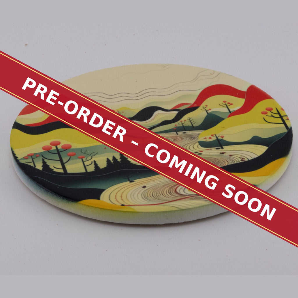 Minimalist Mountain Landscape round ceramic coaster set of 6, pre-order coming soon