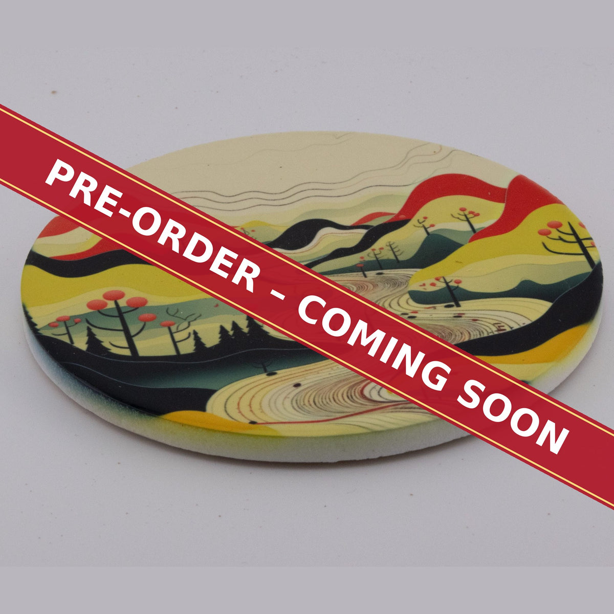 Minimalist Mountain Landscape round ceramic coaster set of 6, pre-order coming soon