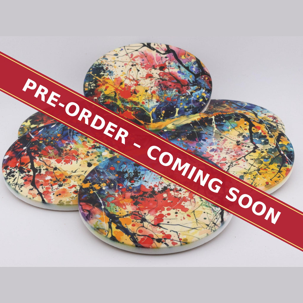 Abstract Spring Woodland round ceramic coaster set of 6, pre-order coming soon