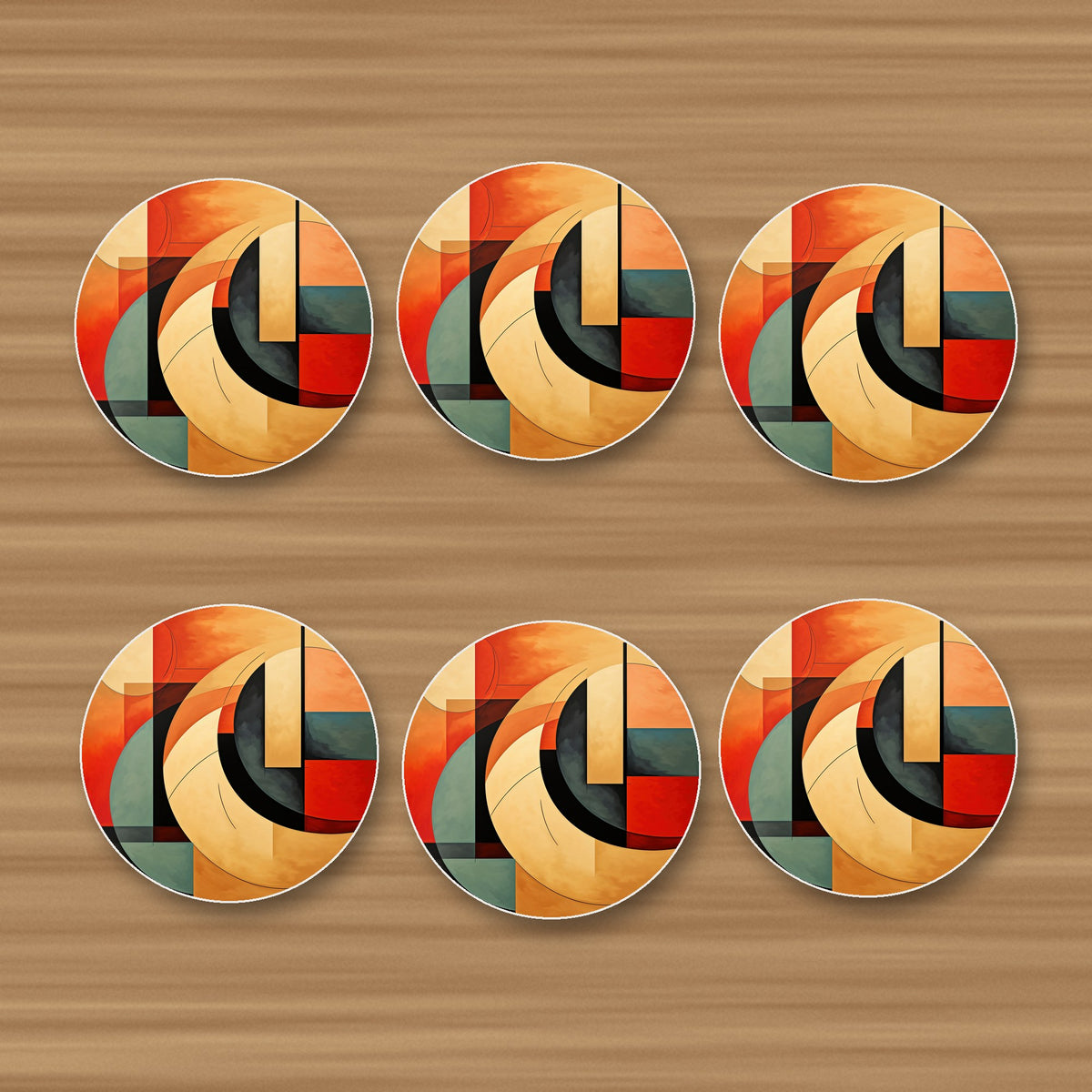 Abstract Cubist No.1 round ceramic coasters, set of 6, glossy finish, on an oak table