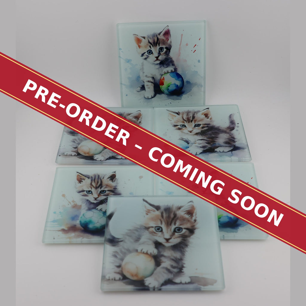 Watercolour Kitten in a Basket square glass coaster set of 6, pre-order coming soon