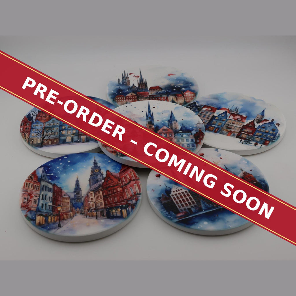 Christmas Watercolour Townscape round ceramic coaster set of 6, pre-order coming soon