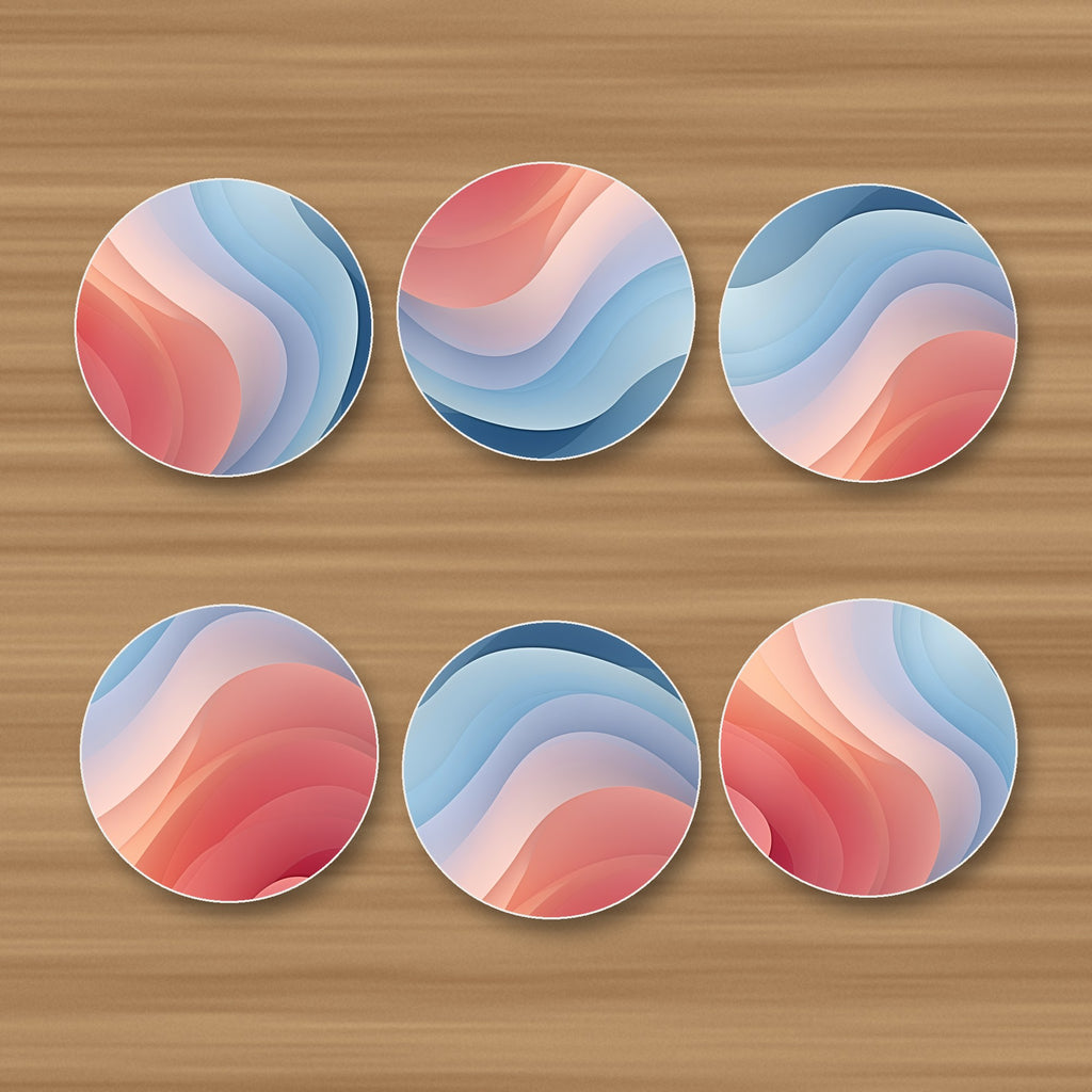 Peach & Sky Blue Fluid Marble round ceramic coasters, set of 6, glossy finish, on an oak coffee table