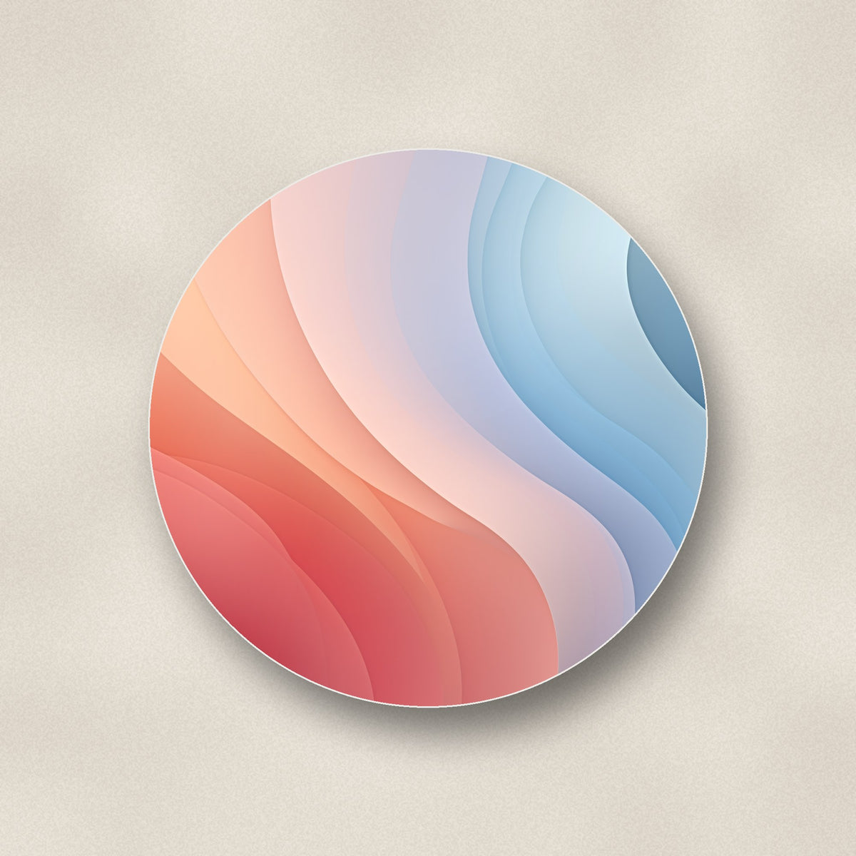 Close-up of one peach & sky blue fluid marble ceramic coaster, glossy finish, flat UV print