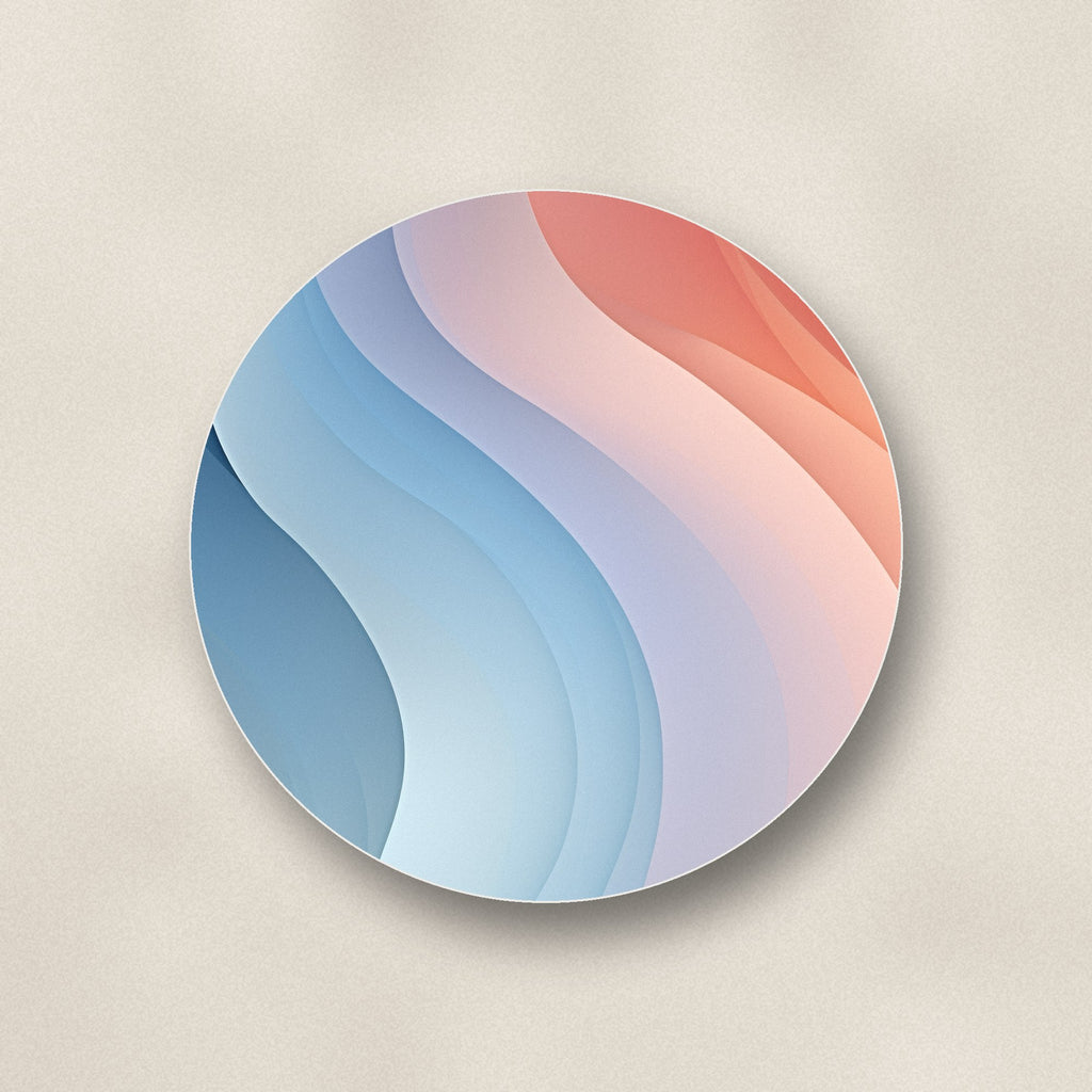 Close-up of one peach & sky blue fluid marble ceramic coaster, matte finish, flat UV print