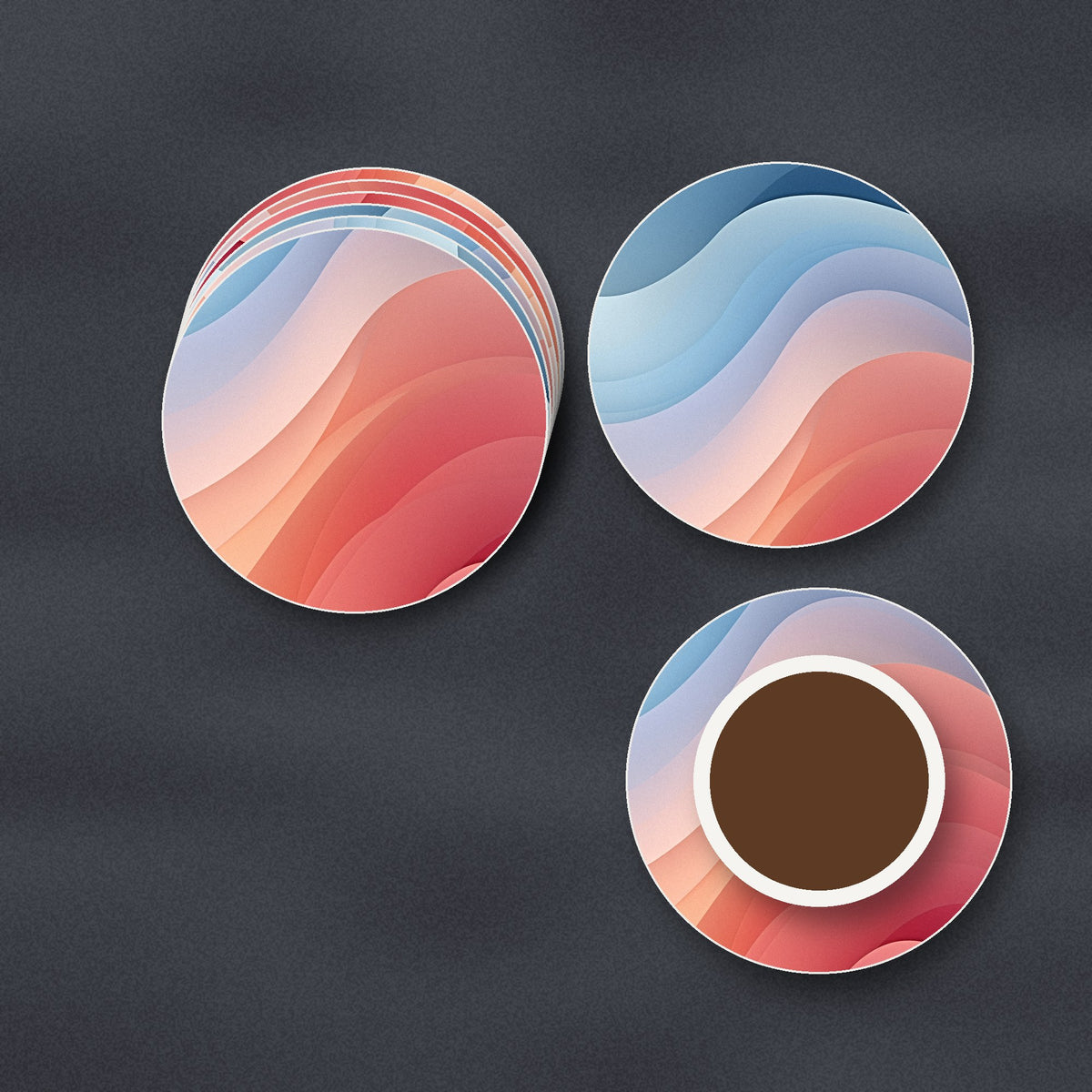Peach & Sky Blue Fluid Marble ceramic coasters, matte finish, stacked on a slate kitchen worktop
