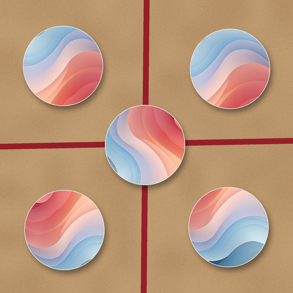 Peach & Sky Blue Fluid Marble ceramic coasters, glossy finish, on kraft gift wrap