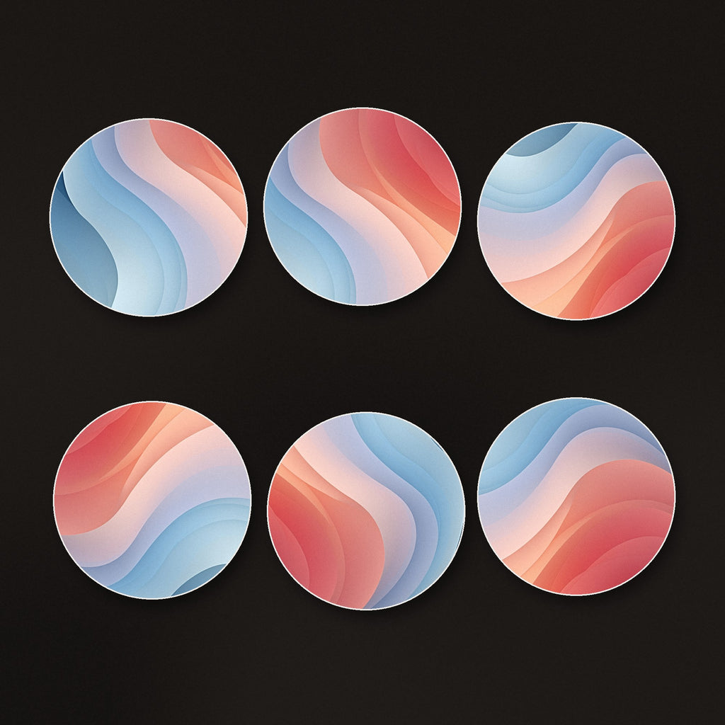 Peach & Sky Blue Fluid Marble round ceramic coasters, matte finish, on a dark bar counter