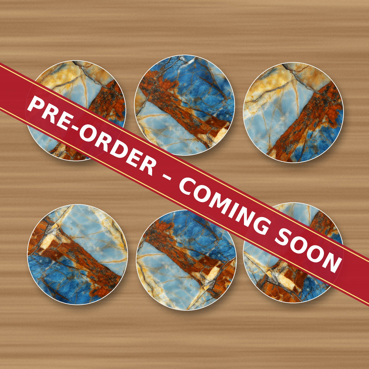 Blue & Copper Marble round ceramic coaster set of 6, UV printed, pre-order coming soon