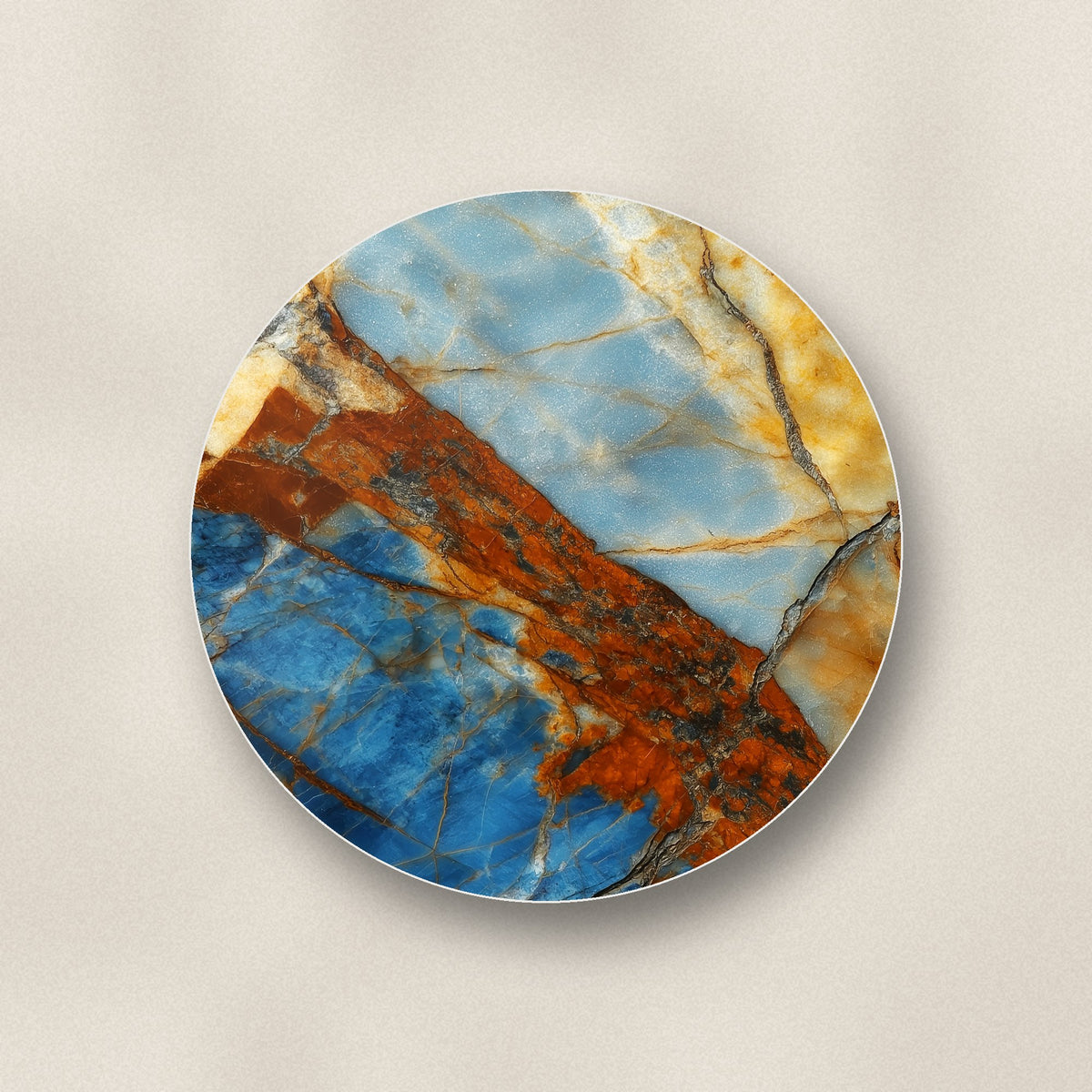 Close-up of one blue & copper marble ceramic coaster, glossy finish, flat UV print
