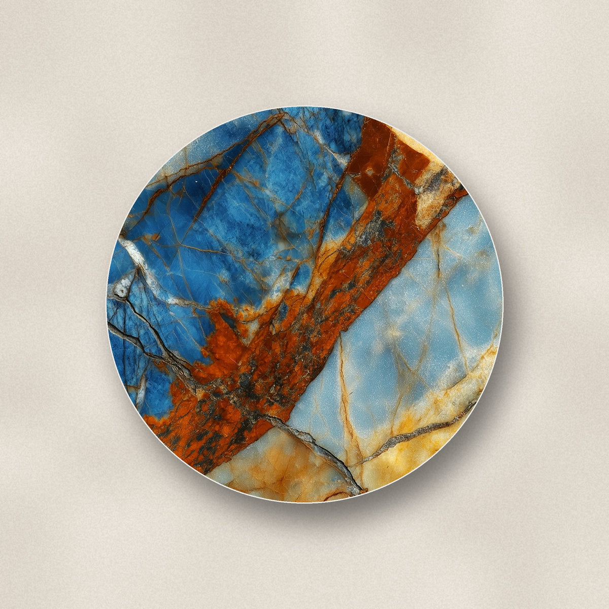 Close-up of one blue & copper marble ceramic coaster, matte finish, flat UV print