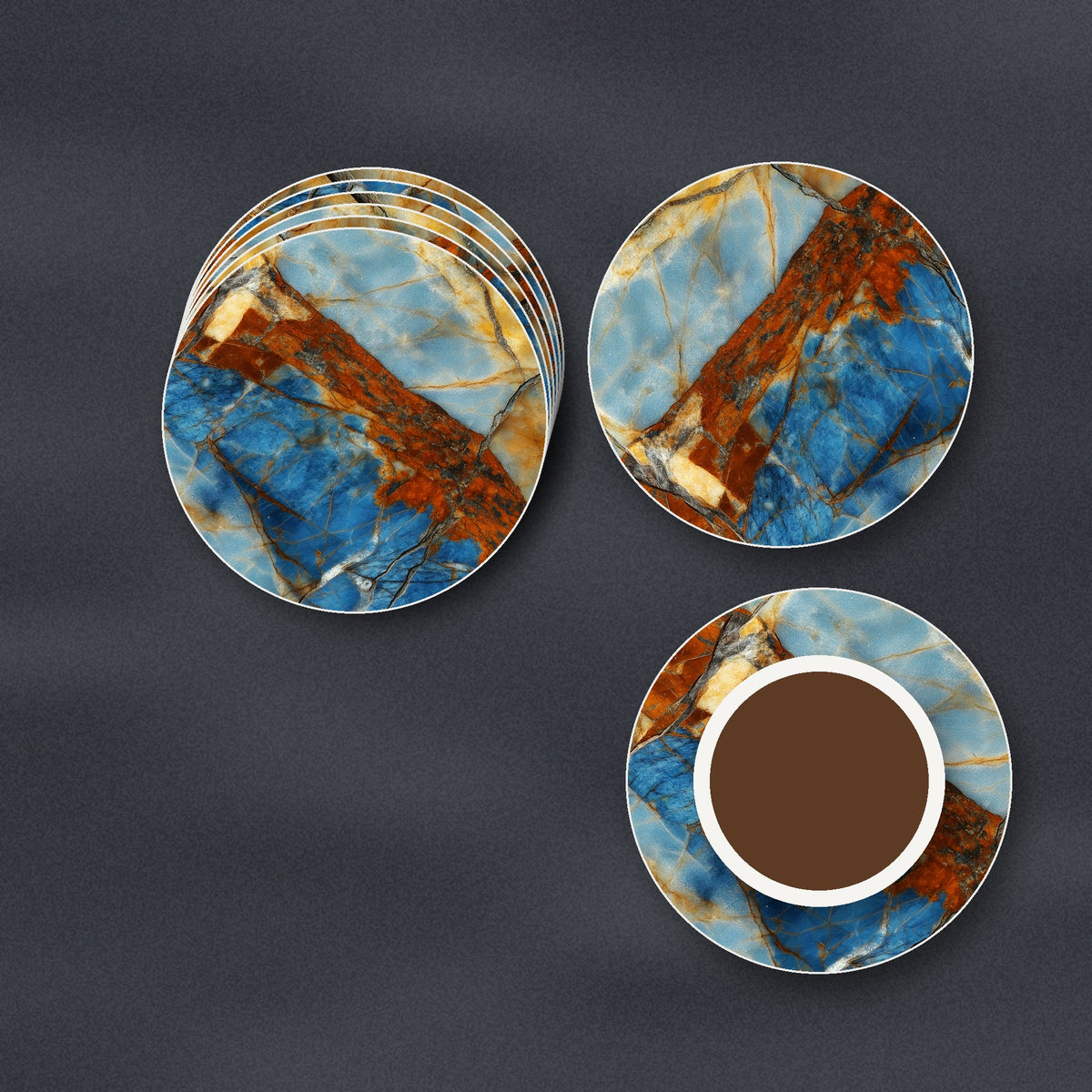 Blue & Copper Marble ceramic coasters, matte finish, stacked on a slate kitchen worktop