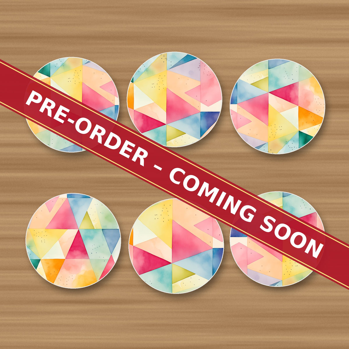 Pastel Harlequin Geometric round ceramic coaster set of 6, UV printed, pre-order coming soon