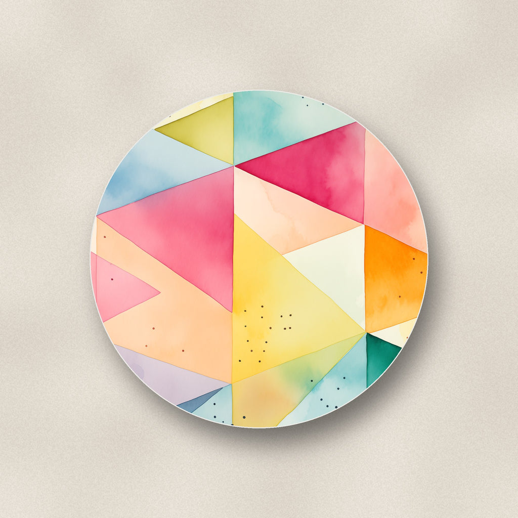 Close-up of one pastel harlequin geometric ceramic coaster, glossy finish, flat UV print