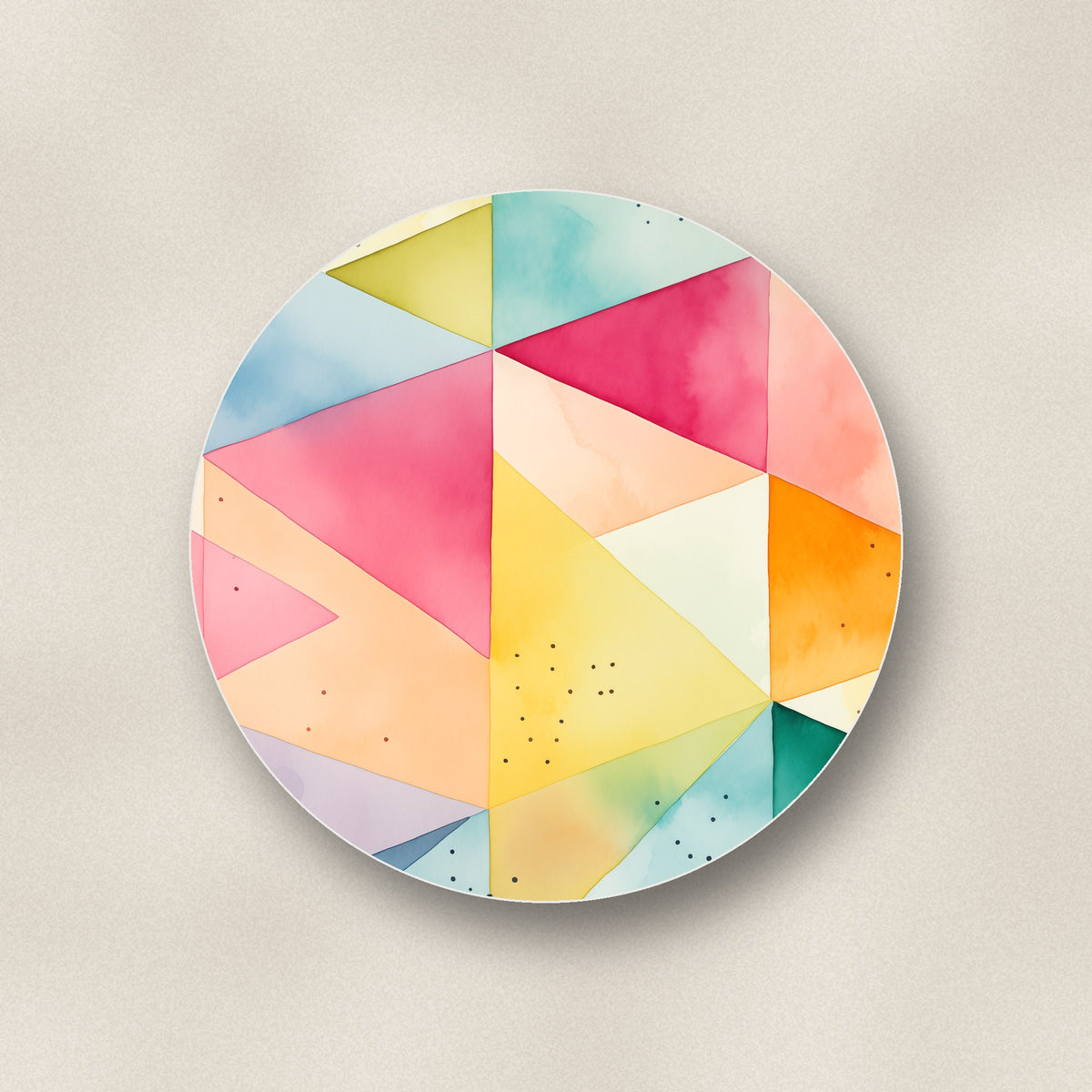 Close-up of one pastel harlequin geometric ceramic coaster, glossy finish, flat UV print