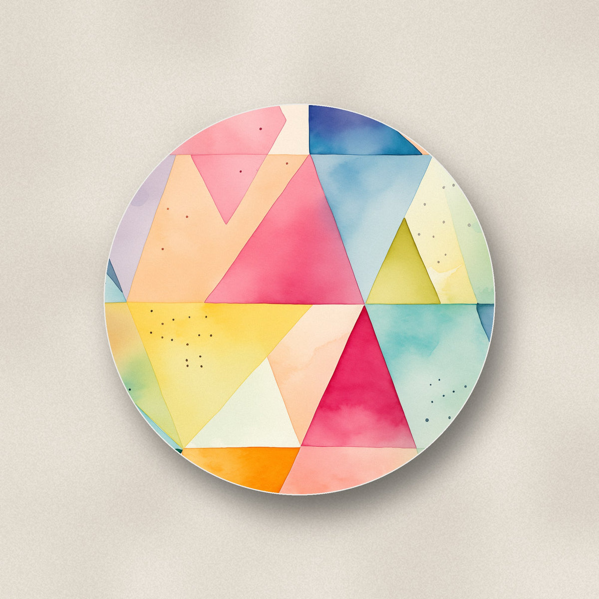 Close-up of one pastel harlequin geometric ceramic coaster, matte finish, flat UV print