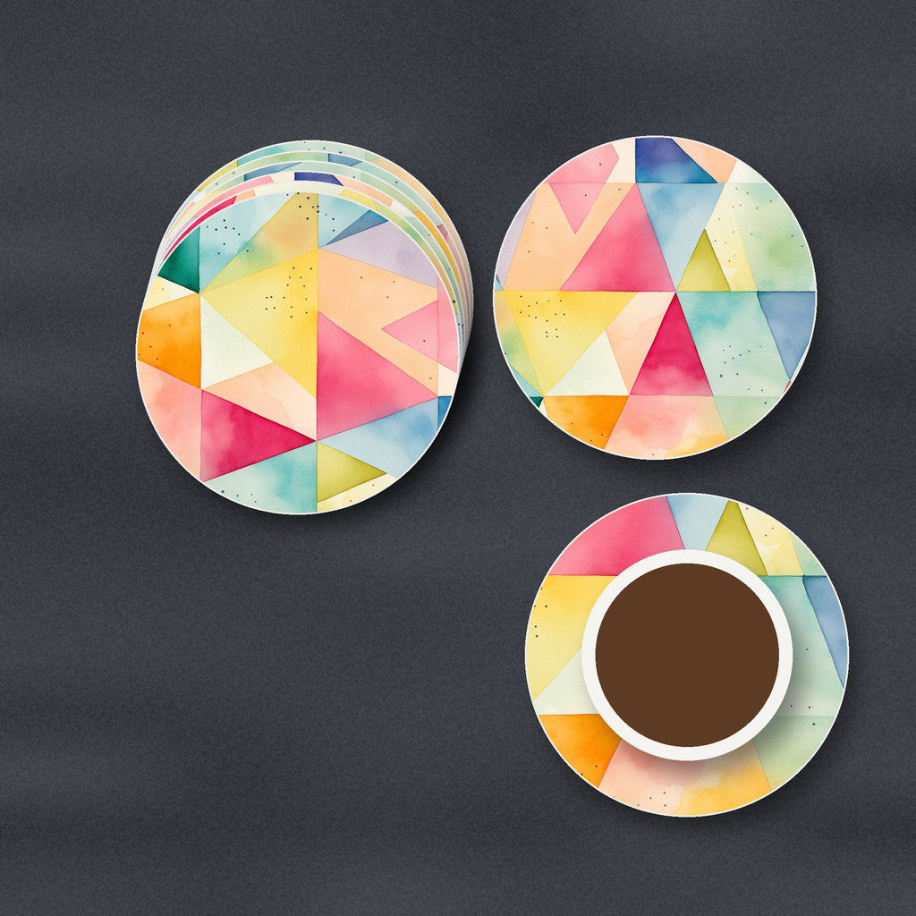 Pastel Harlequin Geometric ceramic coasters, matte finish, stacked on a slate kitchen worktop