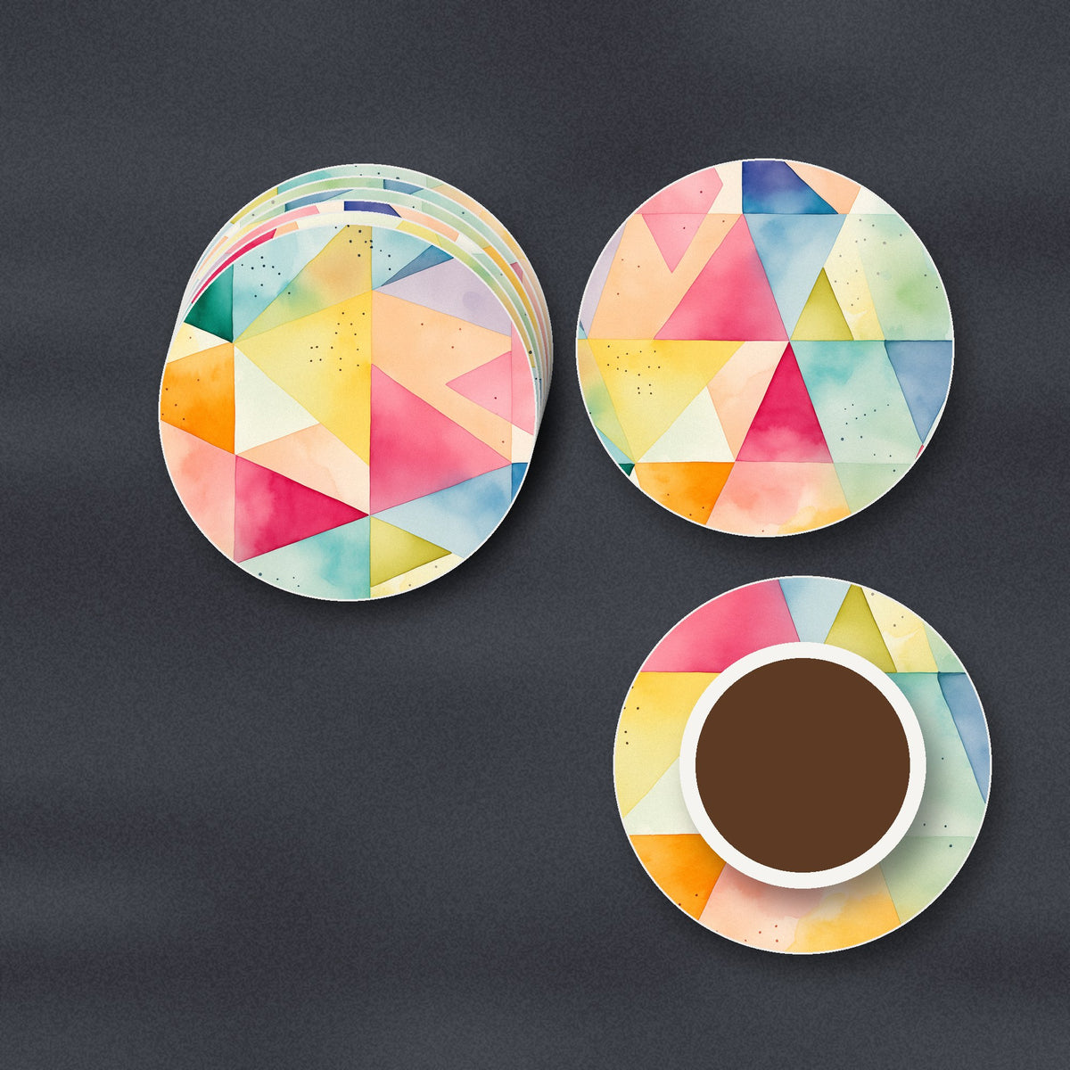 Pastel Harlequin Geometric ceramic coasters, matte finish, stacked on a slate kitchen worktop