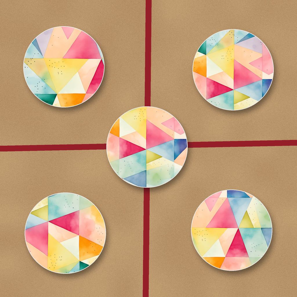 Pastel Harlequin Geometric ceramic coasters, glossy finish, on kraft gift wrap