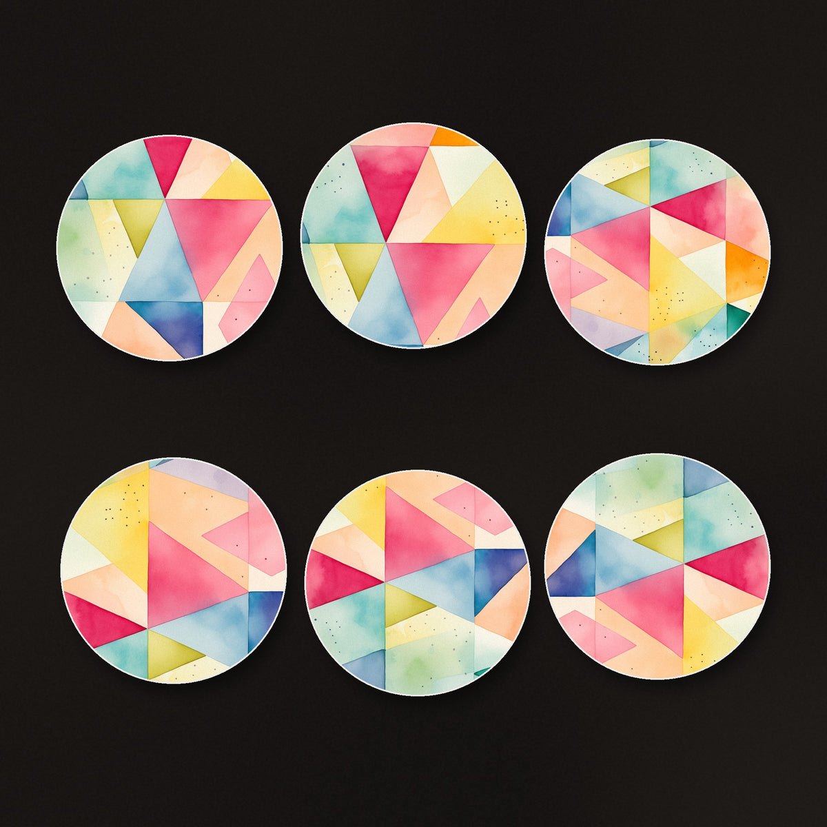 Pastel Harlequin Geometric round ceramic coasters, matte finish, on a dark bar counter