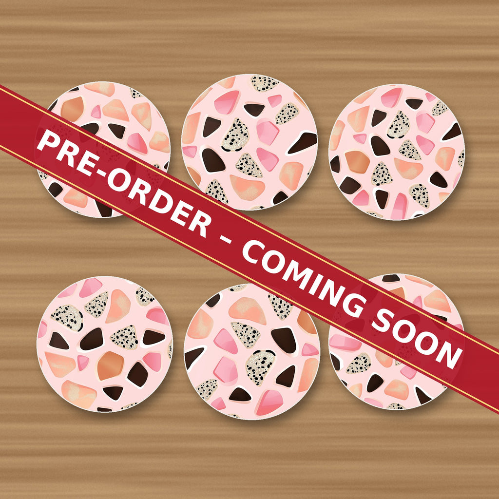 Blush Pink Terrazzo round ceramic coaster set of 6, UV printed, pre-order coming soon