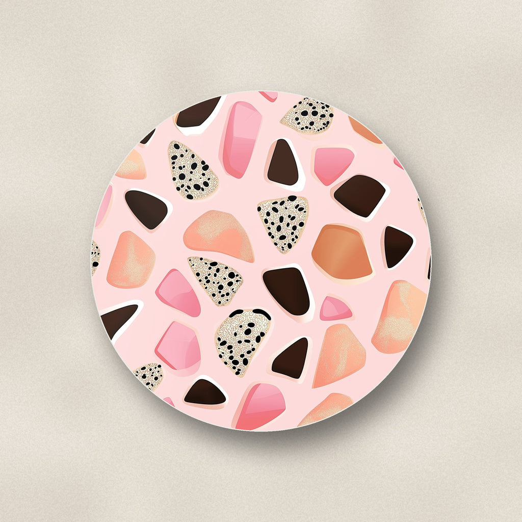 Close-up of one blush pink terrazzo ceramic coaster, glossy finish, flat UV print