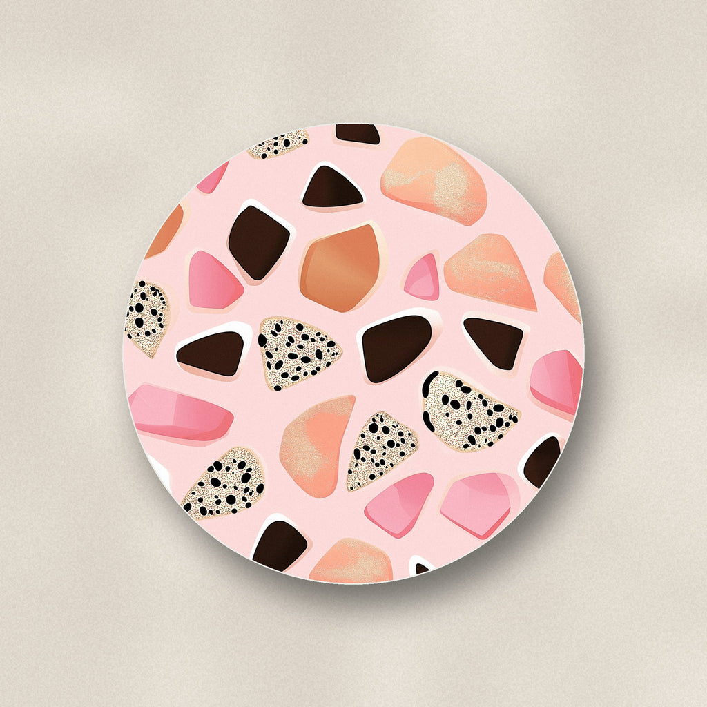 Close-up of one blush pink terrazzo ceramic coaster, matte finish, flat UV print