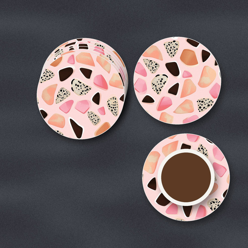 Blush Pink Terrazzo ceramic coasters, matte finish, stacked on a slate kitchen worktop