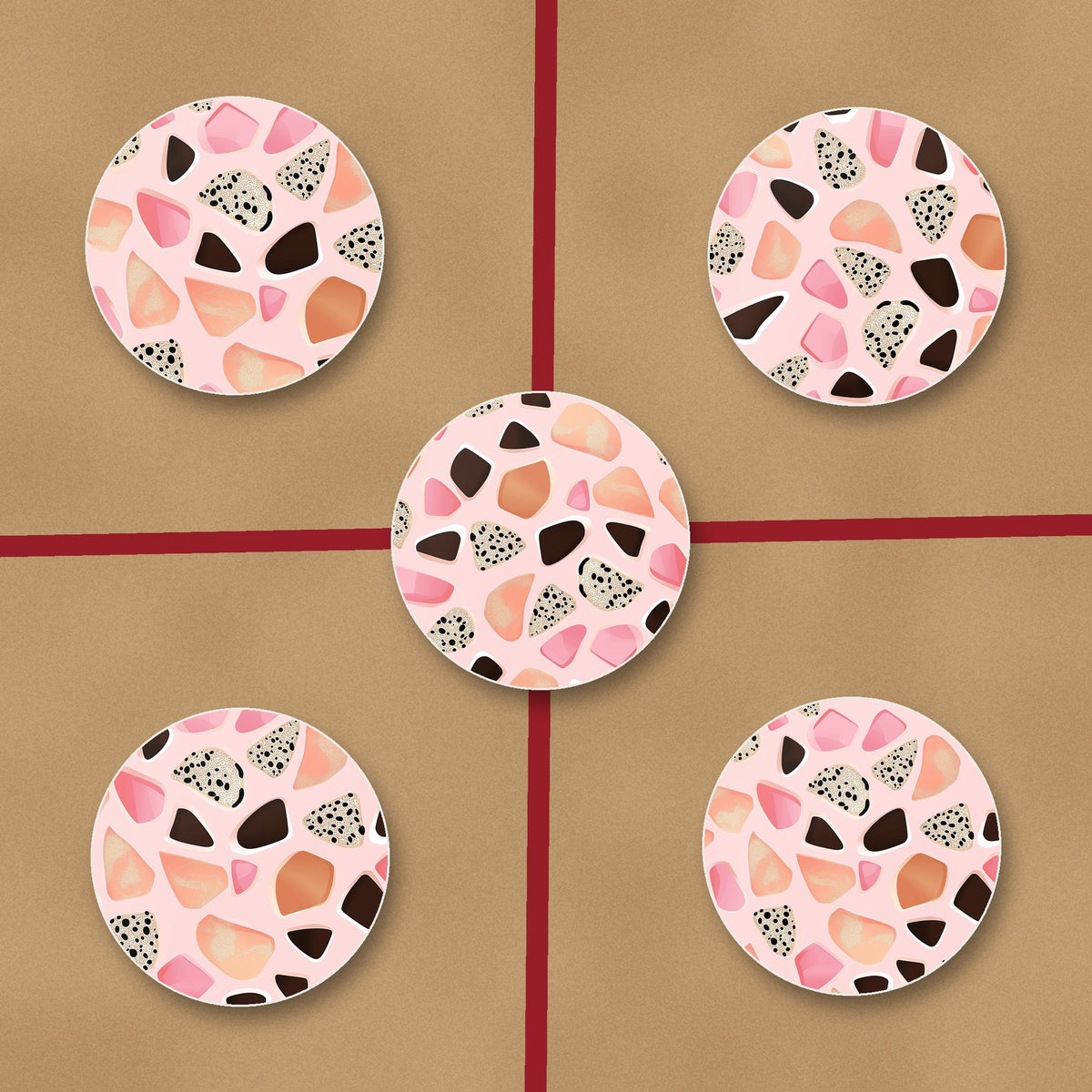 Blush Pink Terrazzo ceramic coasters, glossy finish, on kraft gift wrap