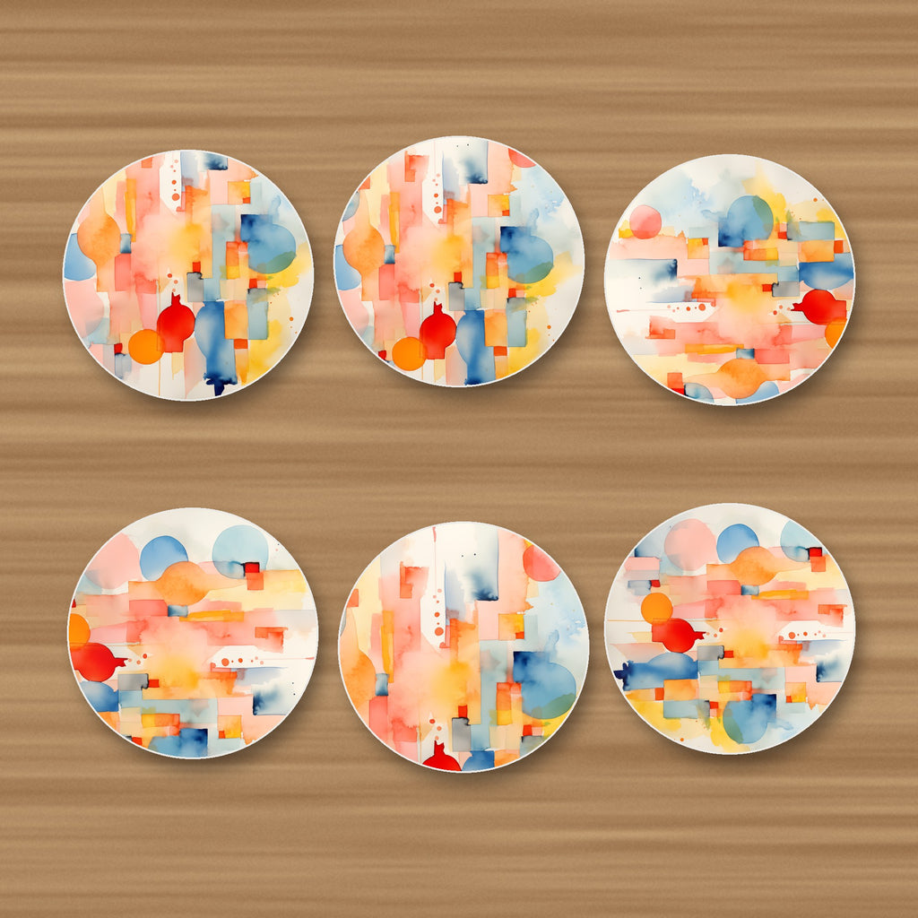Pastel Cubist Shards round ceramic coasters, set of 6, glossy finish, on an oak coffee table