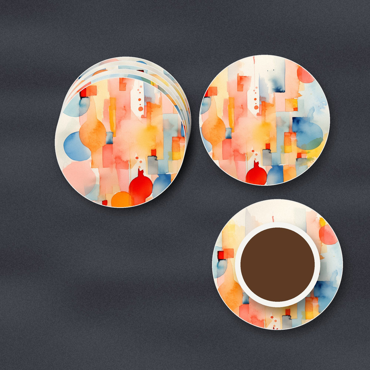 Pastel Cubist Shards ceramic coasters, matte finish, stacked on a slate kitchen worktop
