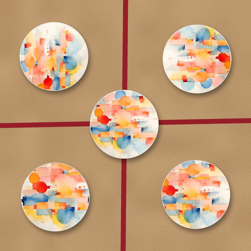 Pastel Cubist Shards ceramic coasters, glossy finish, on kraft gift wrap