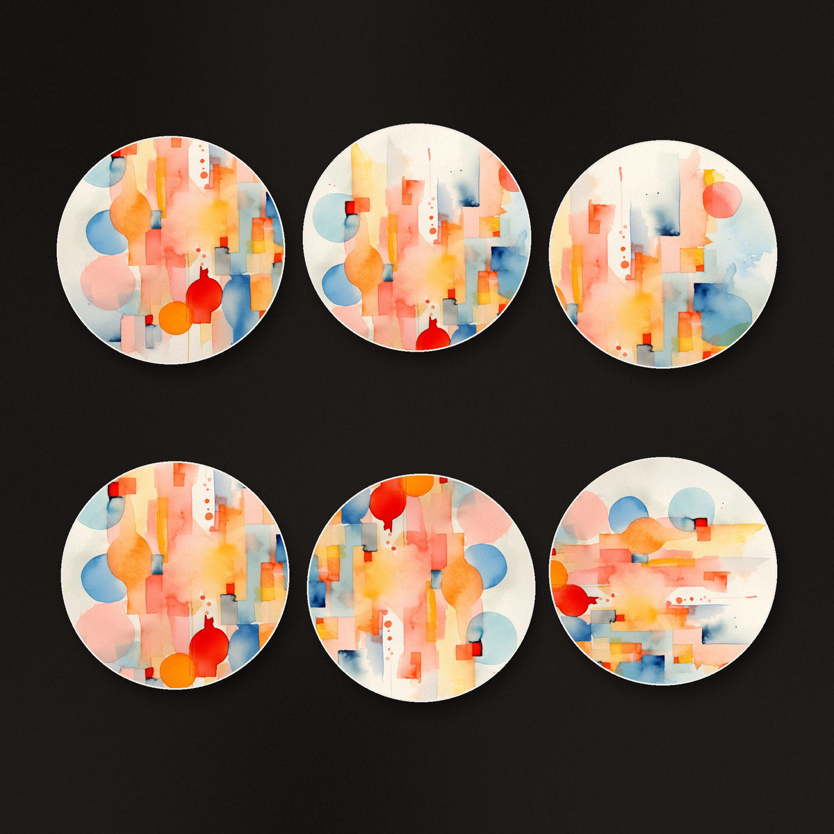 Pastel Cubist Shards round ceramic coasters, matte finish, on a dark bar counter
