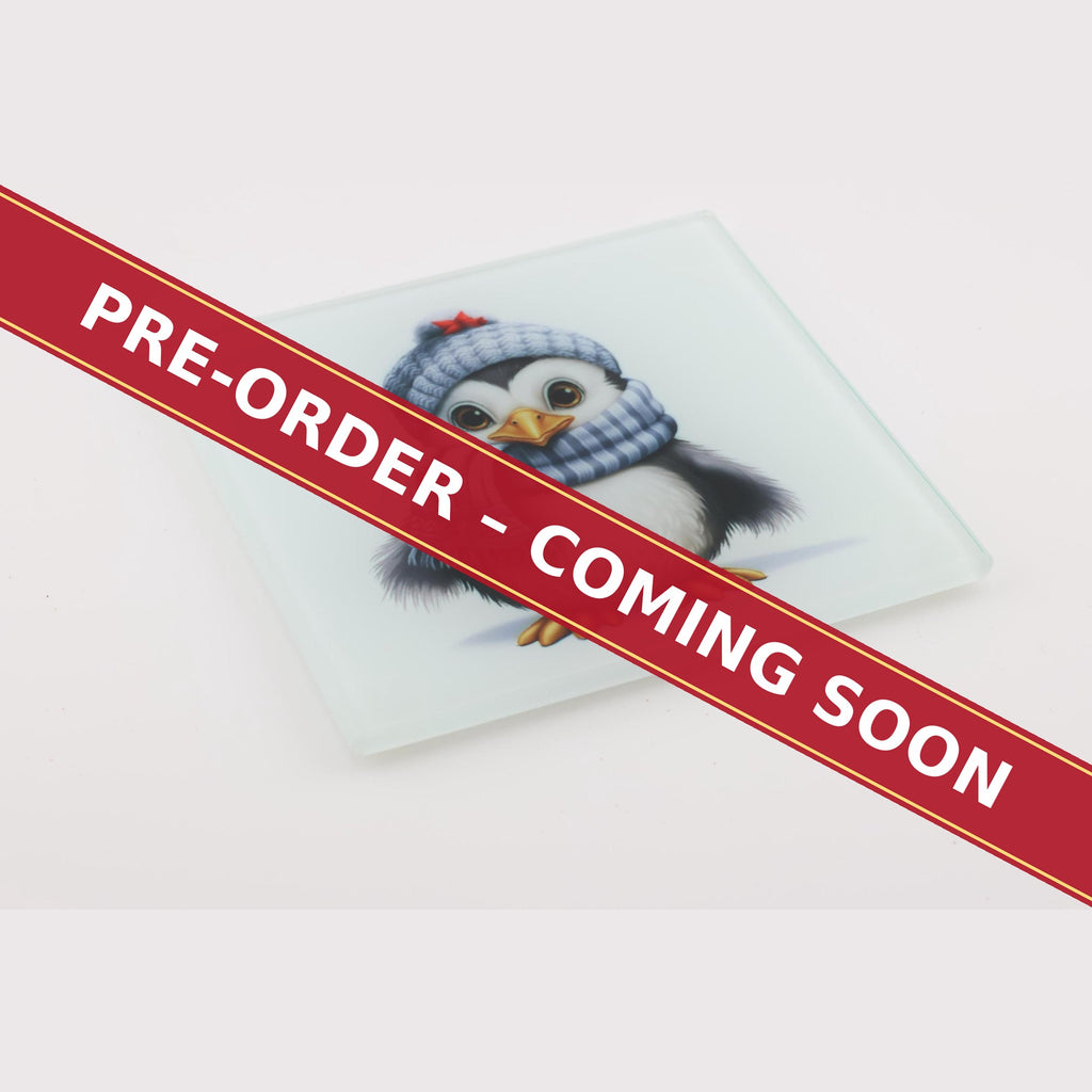 Christmas Penguin in Blue Scarf square glass coaster set of 6, pre-order coming soon