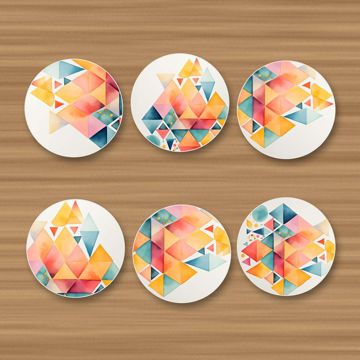 Pastel Diamond Mosaic round ceramic coasters, set of 6, glossy finish, on an oak coffee table